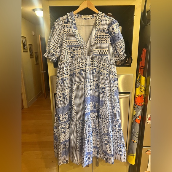NWOT English Factory Anthropologie Blue and White Midi Dress Sz. M - Picture 1 of 3